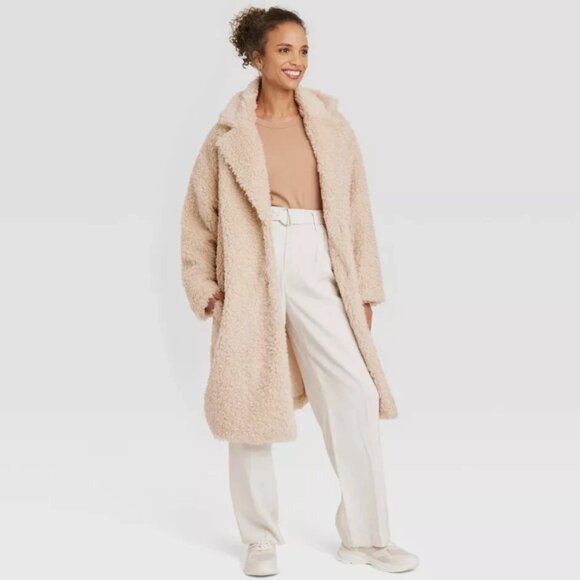 NWT A New Day Light Brown Cream Beige Curly Faux Fur Oversized Jacket Coat XS - Picture 1 of 4